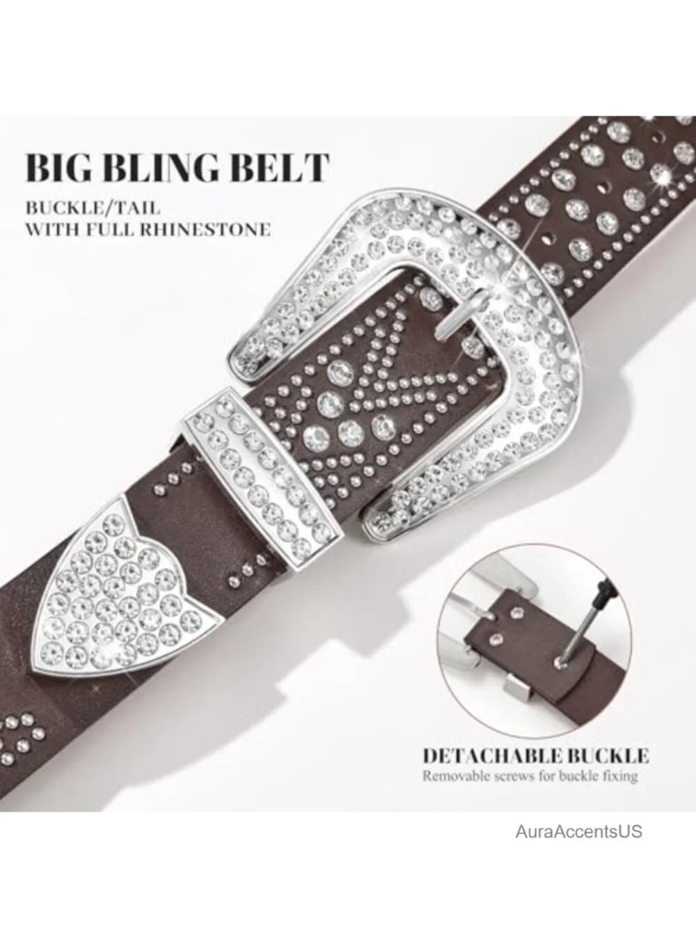 Rhinestone Studded Faux Leather Western Belt Detachable Buckle Unisex Plus Size